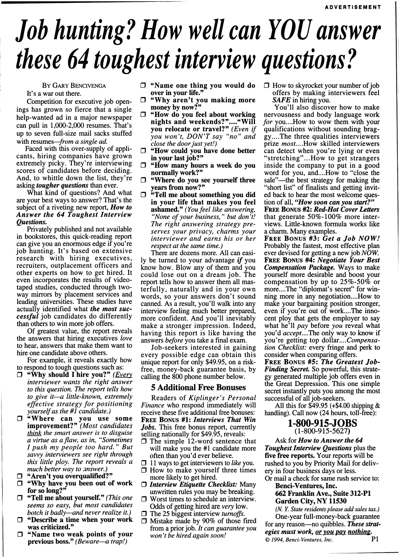 64 Toughest Interview Questions Ad By Gary Bencivenga