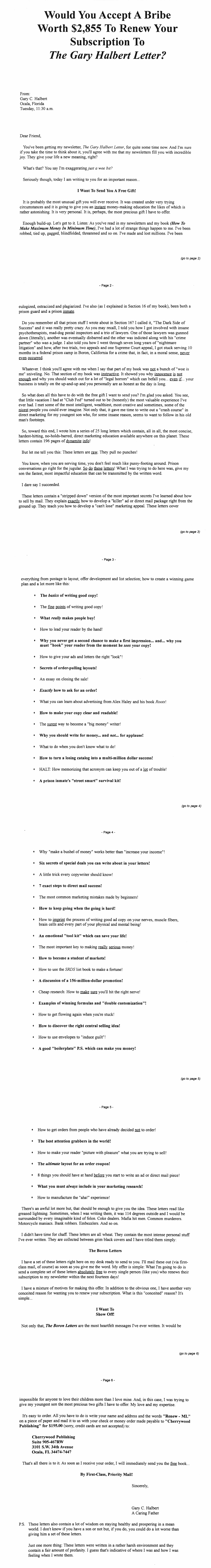 Bribe Letter Gary Halbert