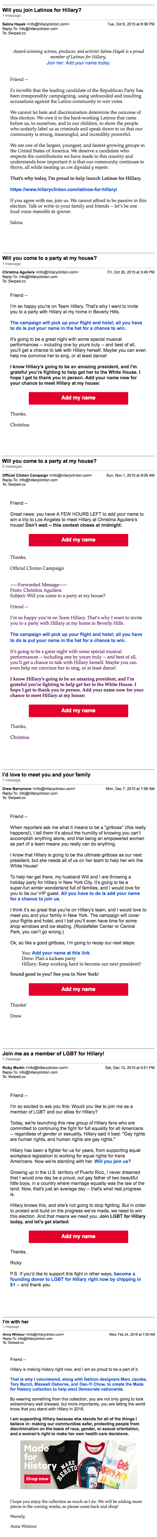 Celebrity Emails Hillary Clinton