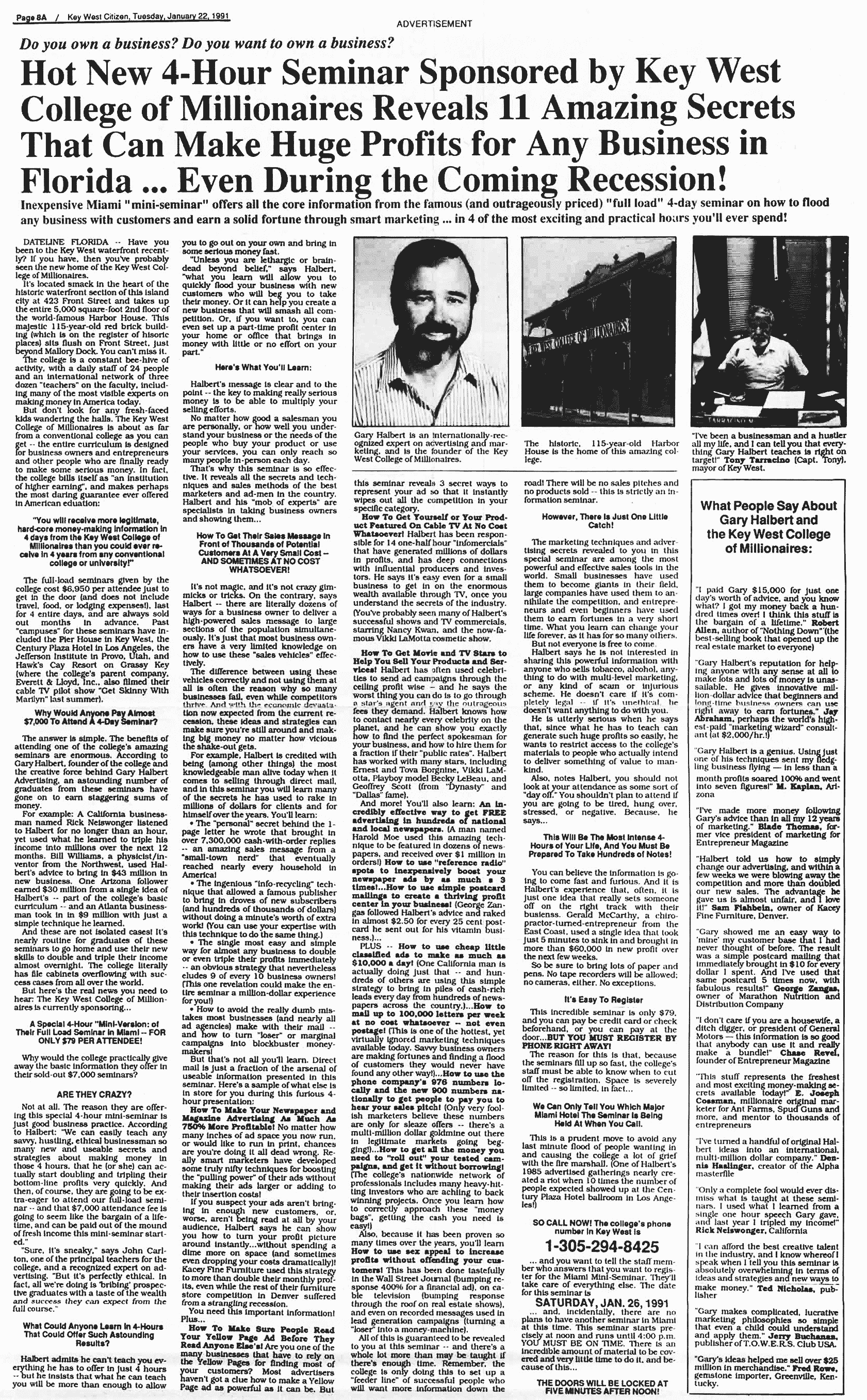 Key West College Of Millionaires Ad By Gary Halbert