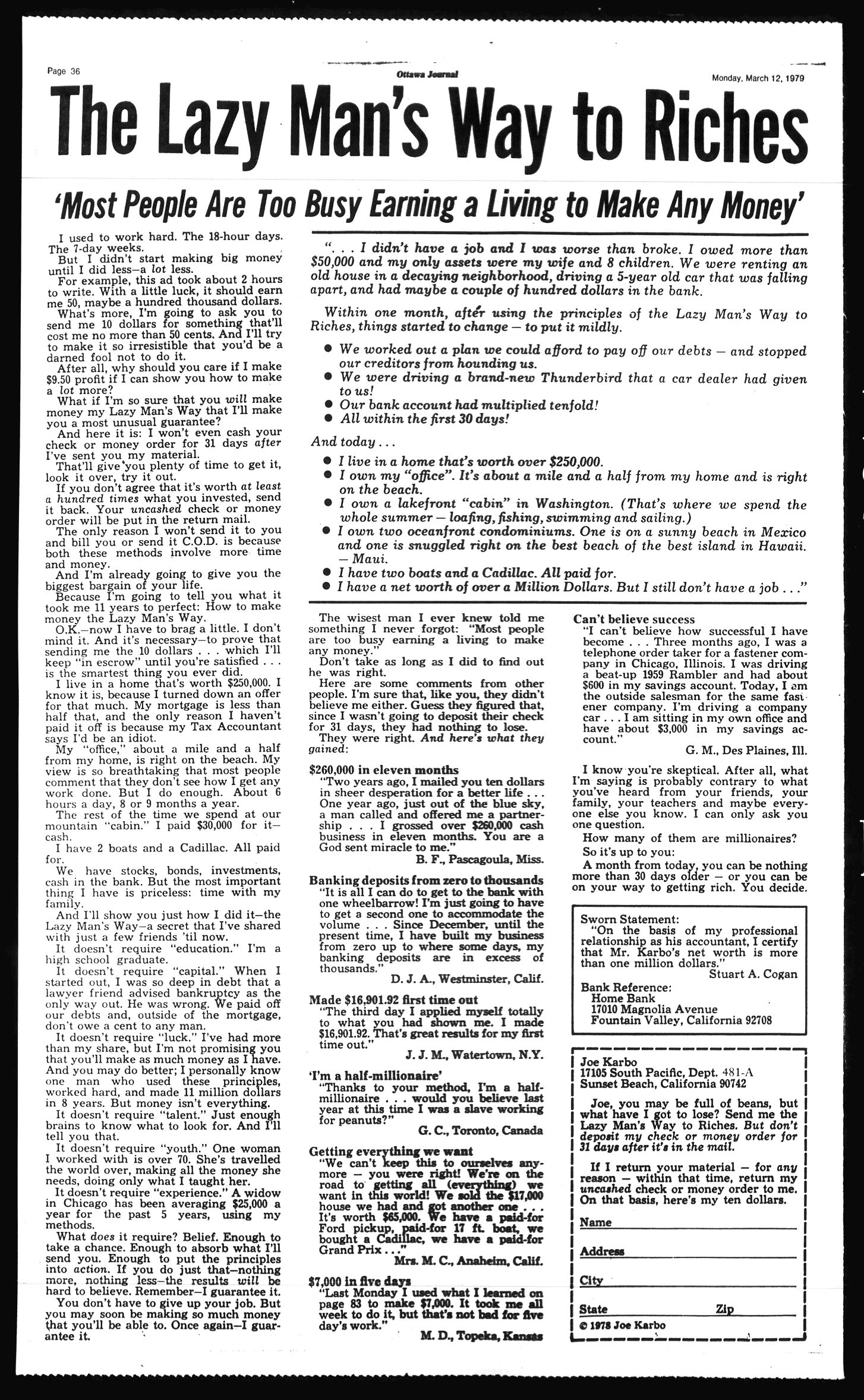 Lazy Mans Way To Riches Ad By Joe Karbo