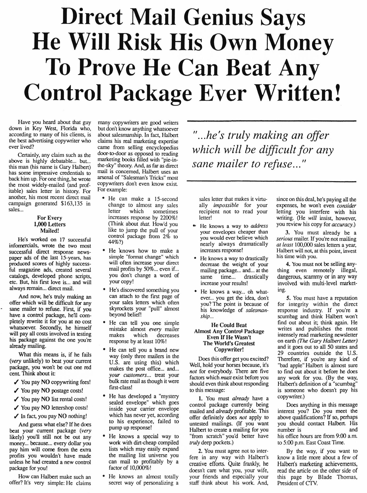 Risk His Own Money Ad Gary Halbert