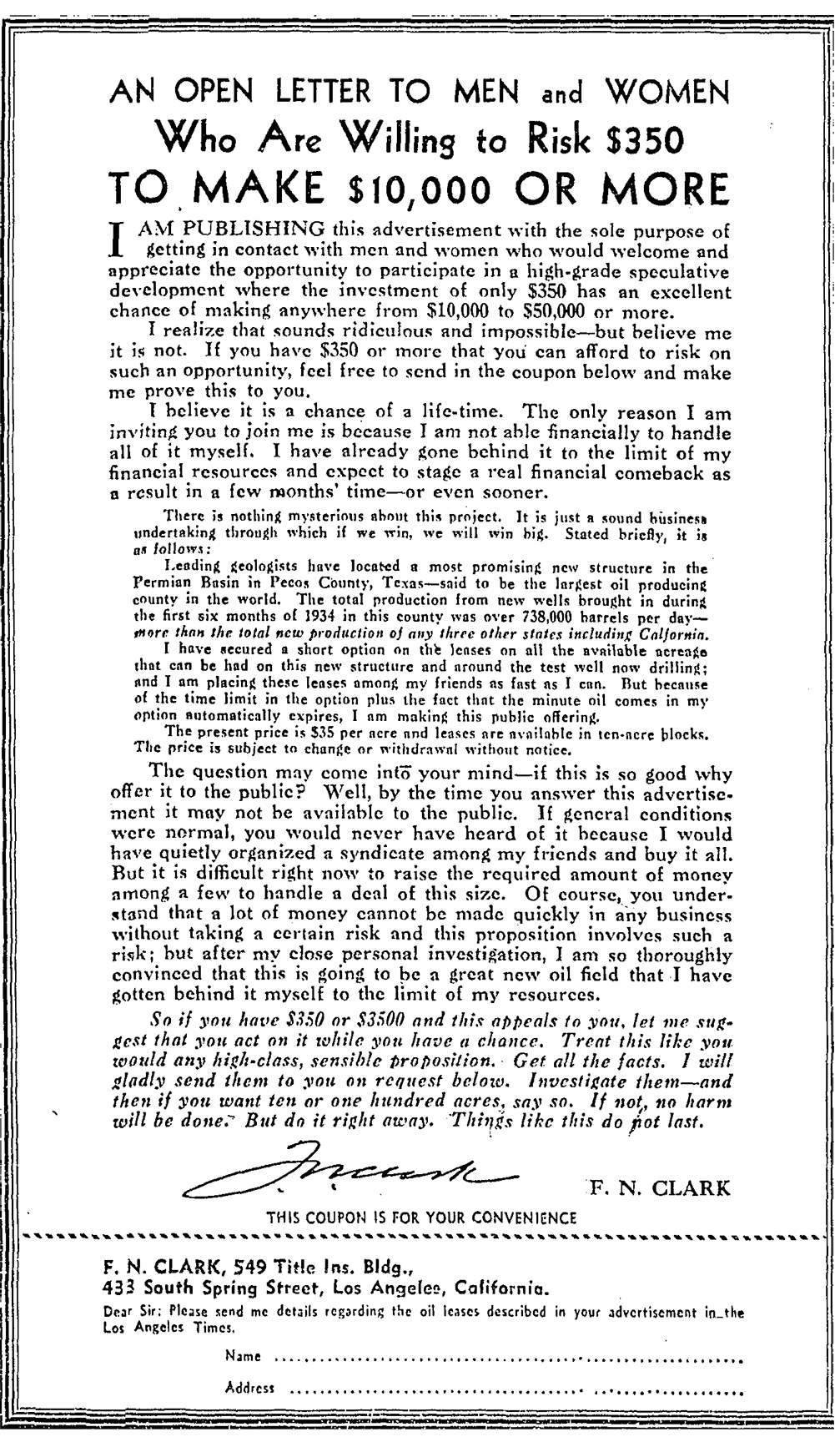 Risky Investment Ad From F N Clark