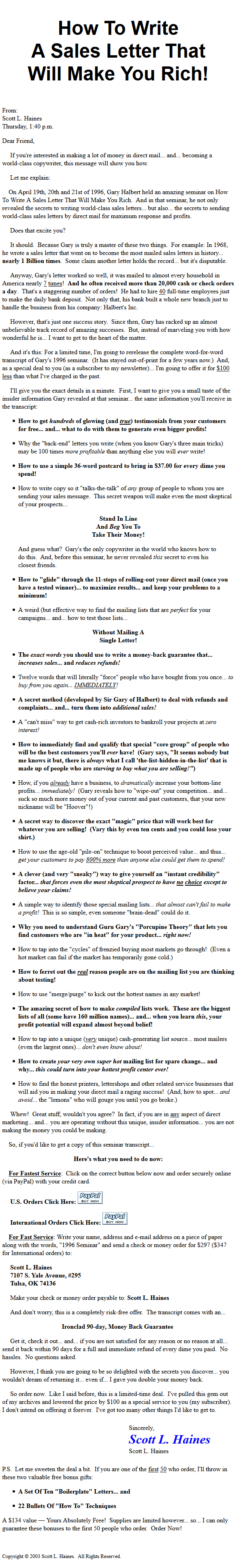 Sales Letter From Scott Haines